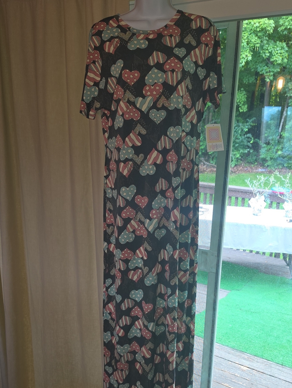 LuLaRoe Black Maria AMERICANA Maxi Dress with Red & Light Blue FLAG Heart Print